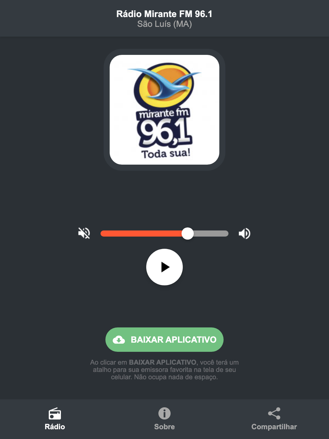 Screenshot do aplicativo da Rádio Mirante FM 96.1