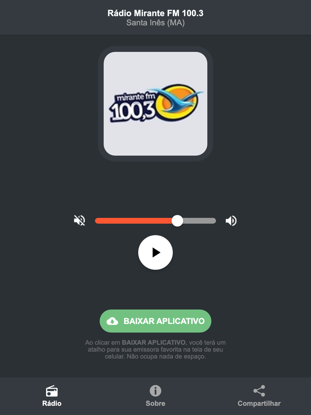 Screenshot do aplicativo da Rádio Mirante FM 100.3