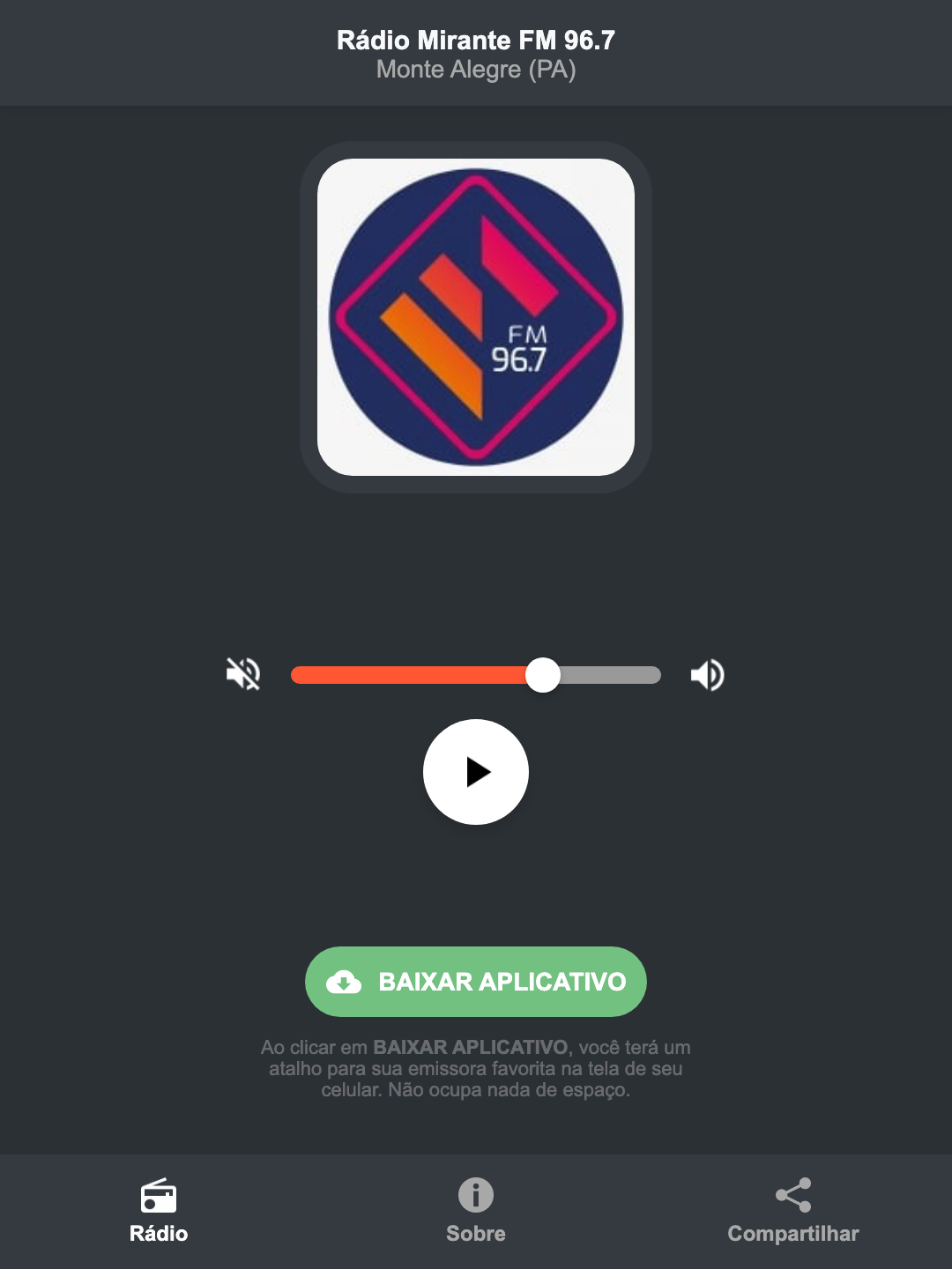 Screenshot do aplicativo da Rádio Mirante FM 96.7