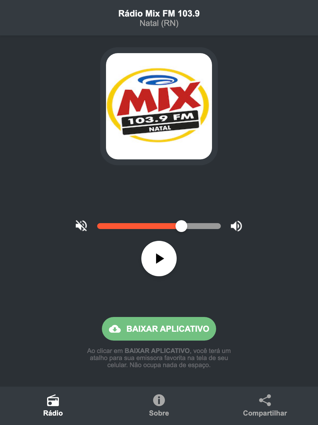 Screenshot do aplicativo da Rádio Mix FM 103.9