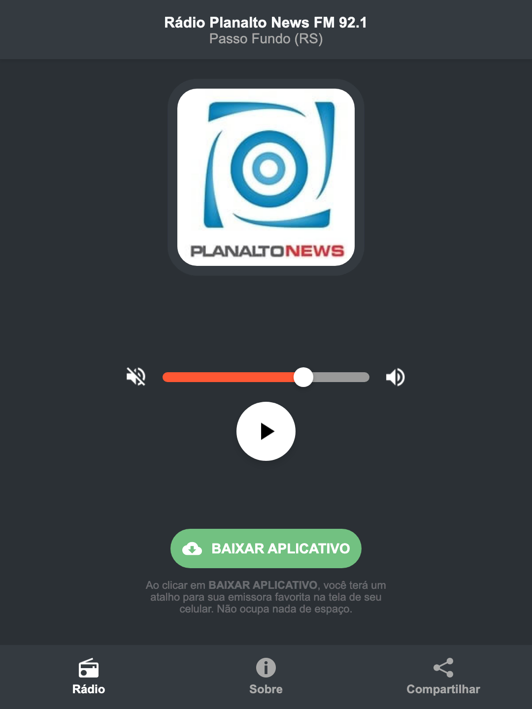 Screenshot do aplicativo da Rádio Planalto News FM 92.1