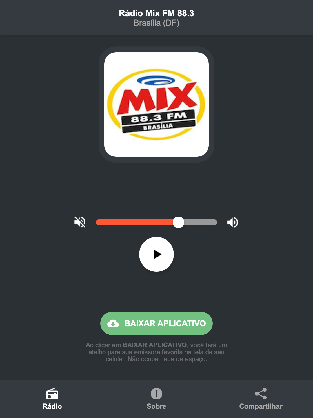 Screenshot do aplicativo da Rádio Mix FM 88.3