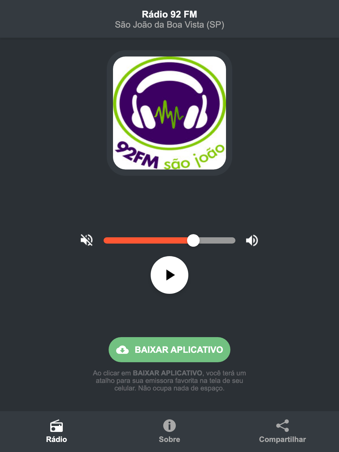 Screenshot do aplicativo da Rádio 92 FM