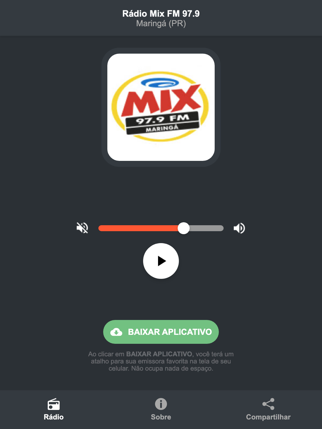 Screenshot do aplicativo da Rádio Mix FM 97.9