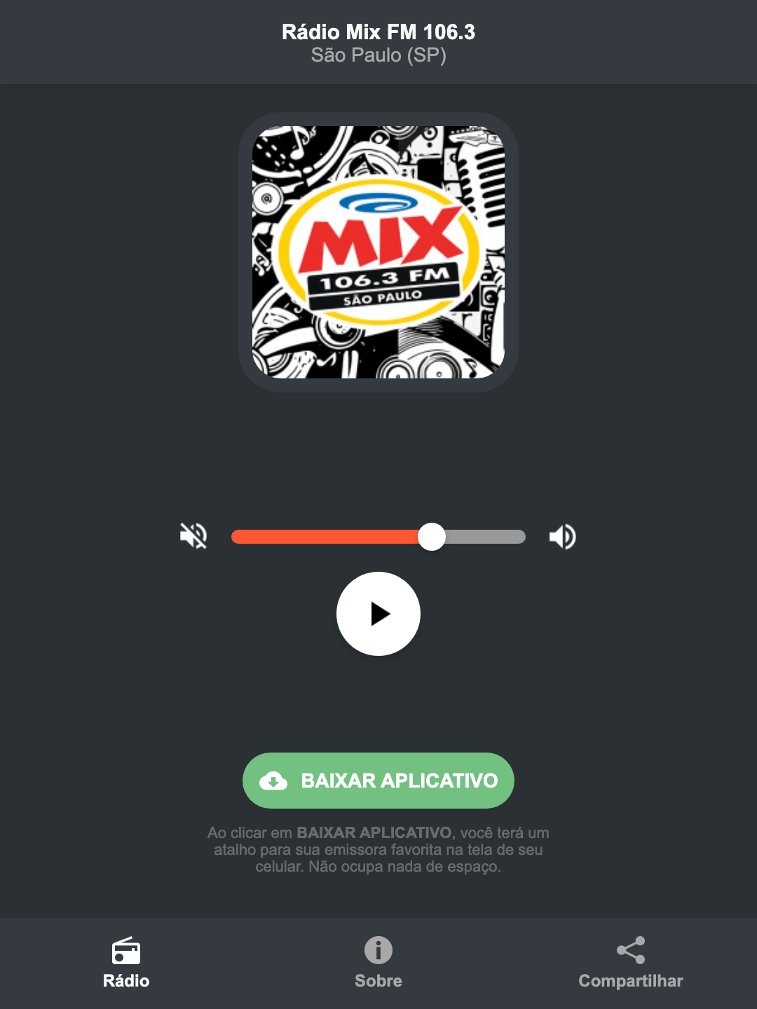 Screenshot do aplicativo da Rádio Mix FM 106.3