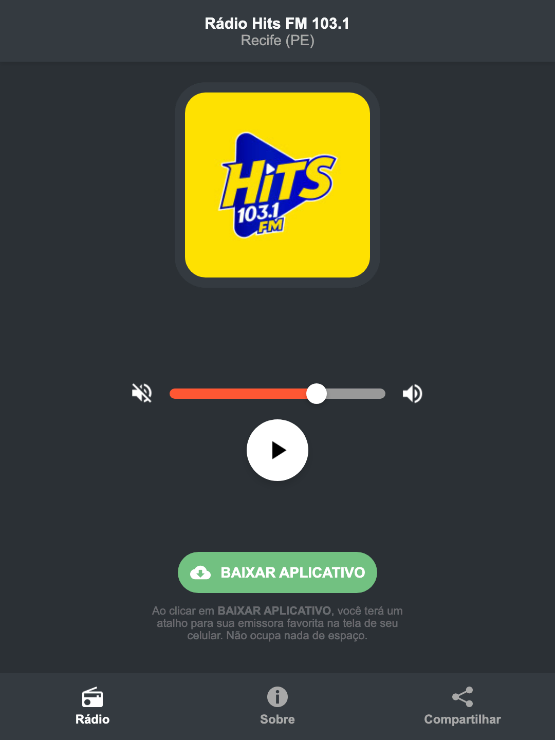 Screenshot do aplicativo da Rádio Hits FM 103.1