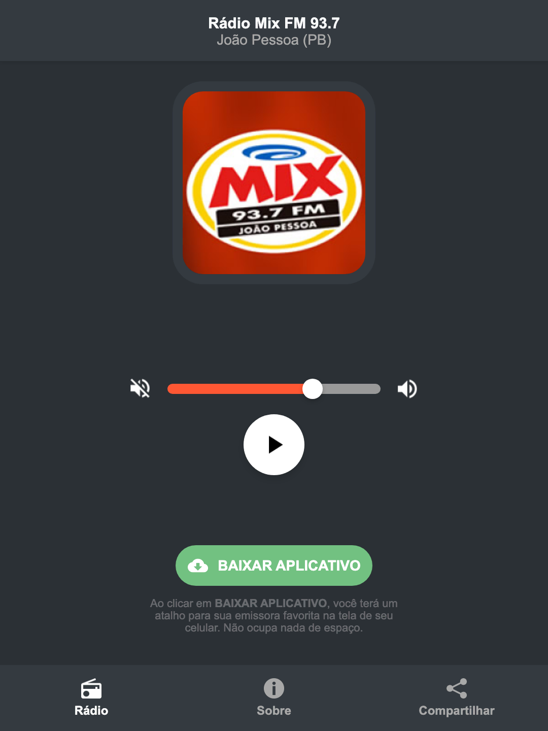 Screenshot do aplicativo da Rádio Mix FM 93.7