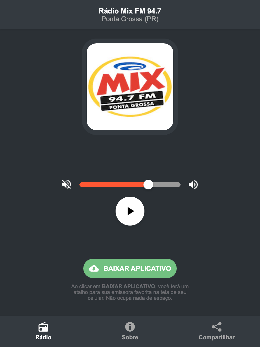 Screenshot do aplicativo da Rádio Mix FM 94.7