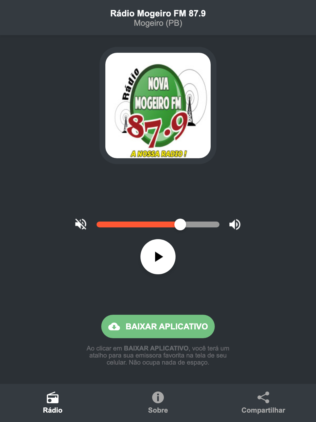 Screenshot do aplicativo da Rádio Mogeiro FM 87.9