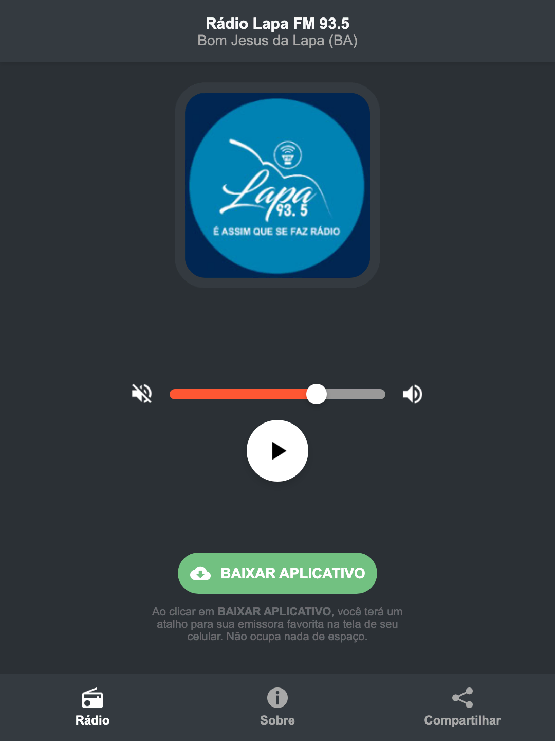 Screenshot do aplicativo da Rádio Lapa FM 93.5