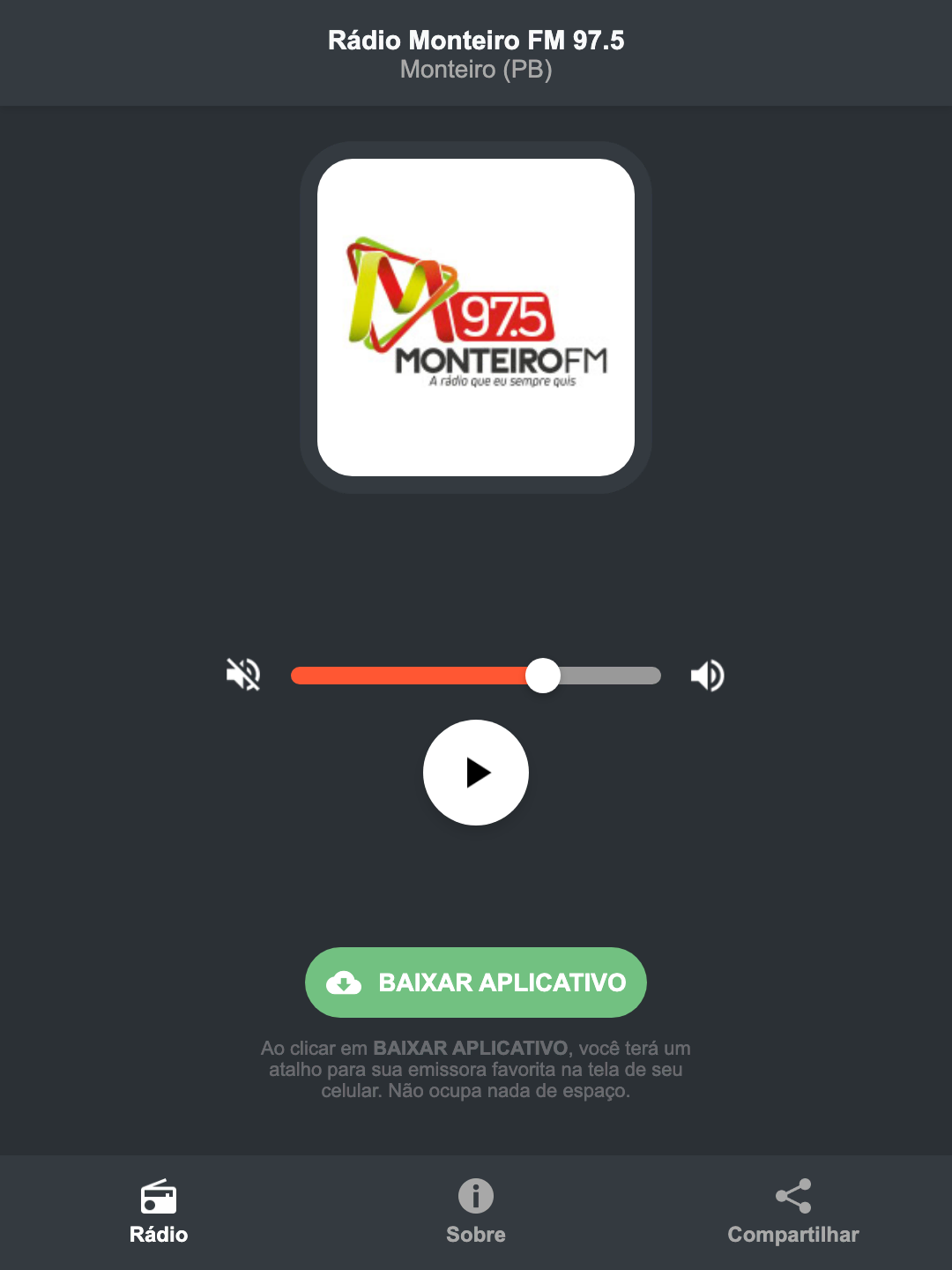 Screenshot do aplicativo da Rádio Monteiro FM 97.5
