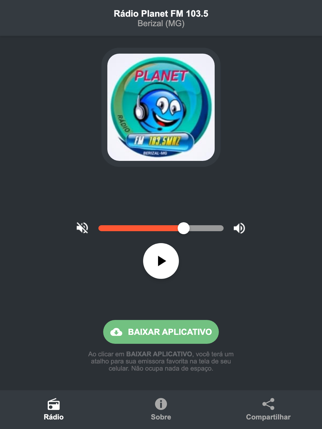 Screenshot do aplicativo da Rádio Planet FM 103.5