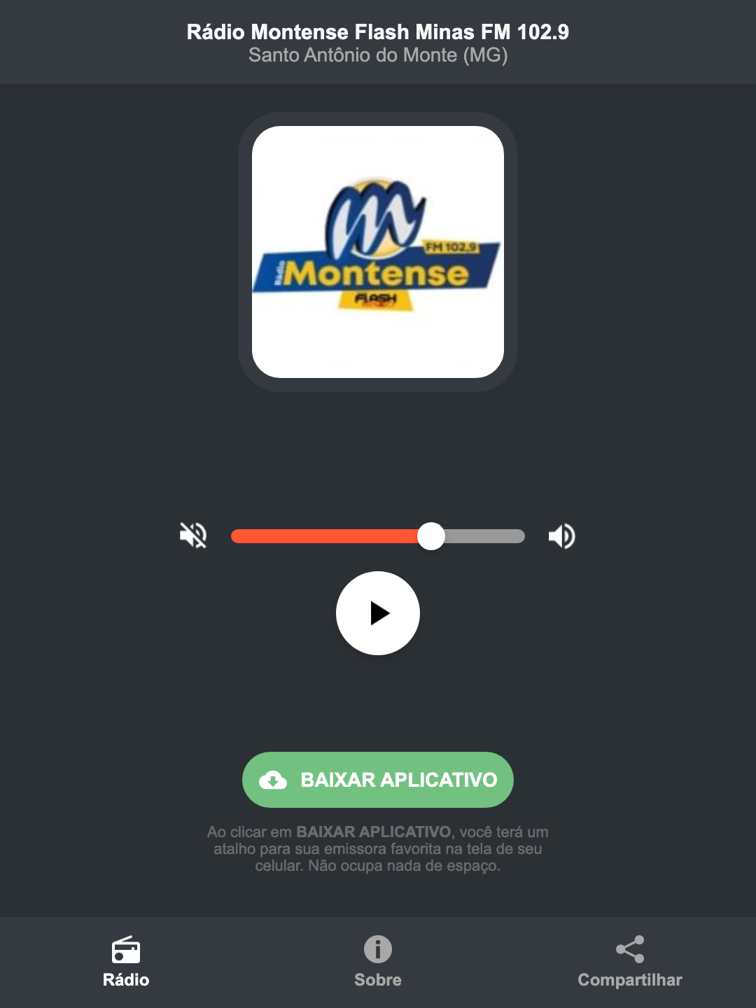 Screenshot do aplicativo da Rádio Montense Flash Minas FM 102.9