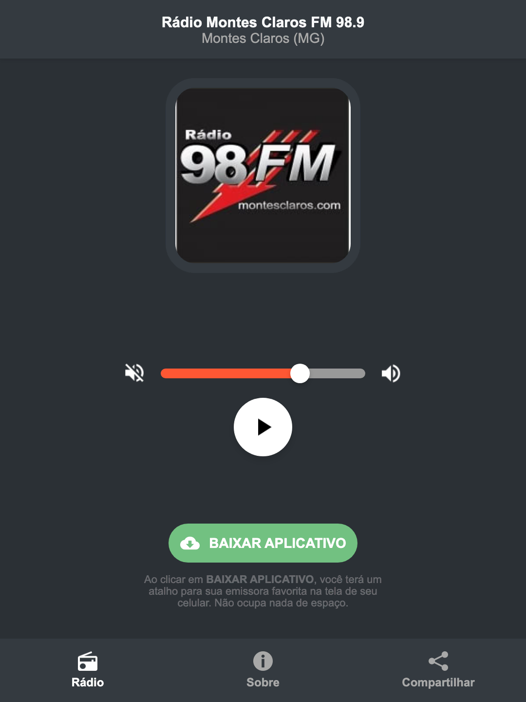 Screenshot do aplicativo da Rádio Montes Claros FM 98.9