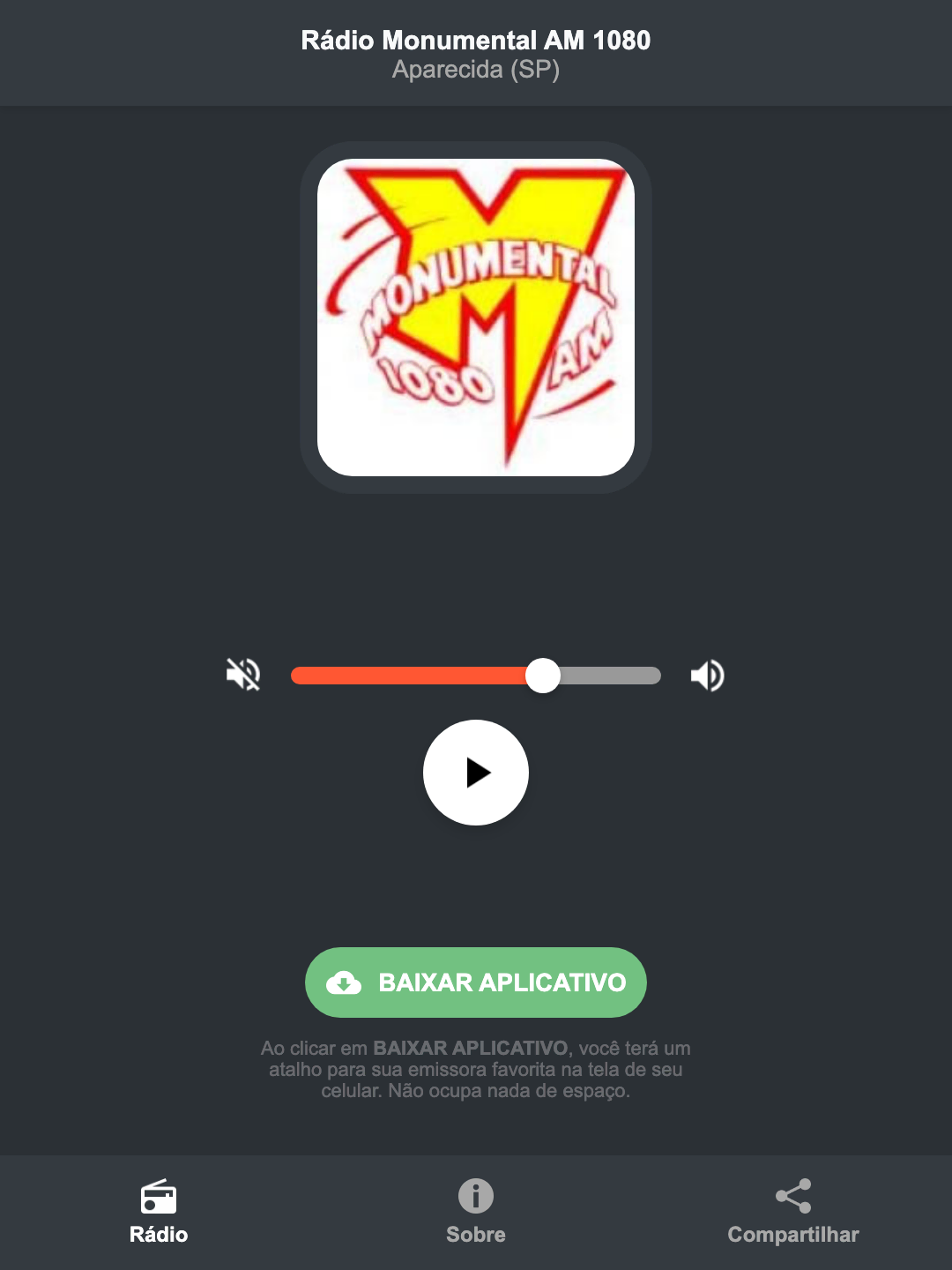 Screenshot do aplicativo da Rádio Monumental AM 1080