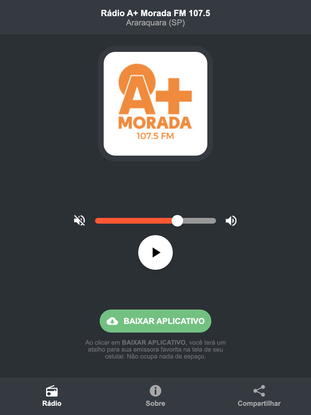 Screenshot do aplicativo da Rádio A+ Morada FM 107.5