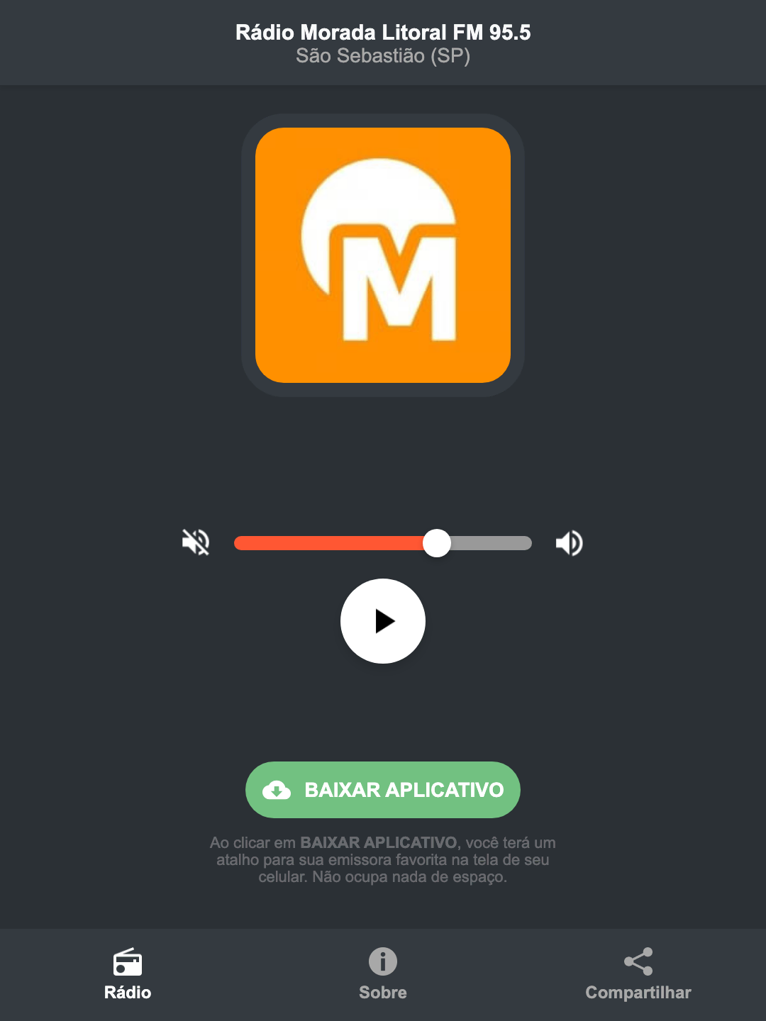 Screenshot do aplicativo da Rádio Morada Litoral FM 95.5