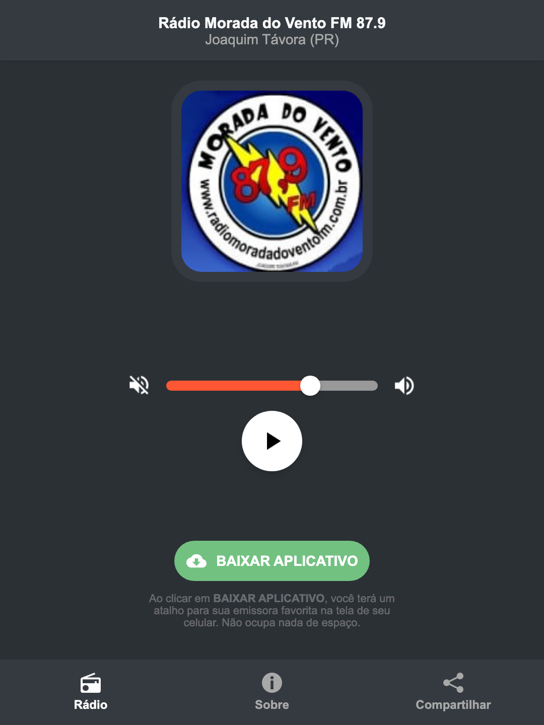 Screenshot do aplicativo da Rádio Morada do Vento FM 87.9