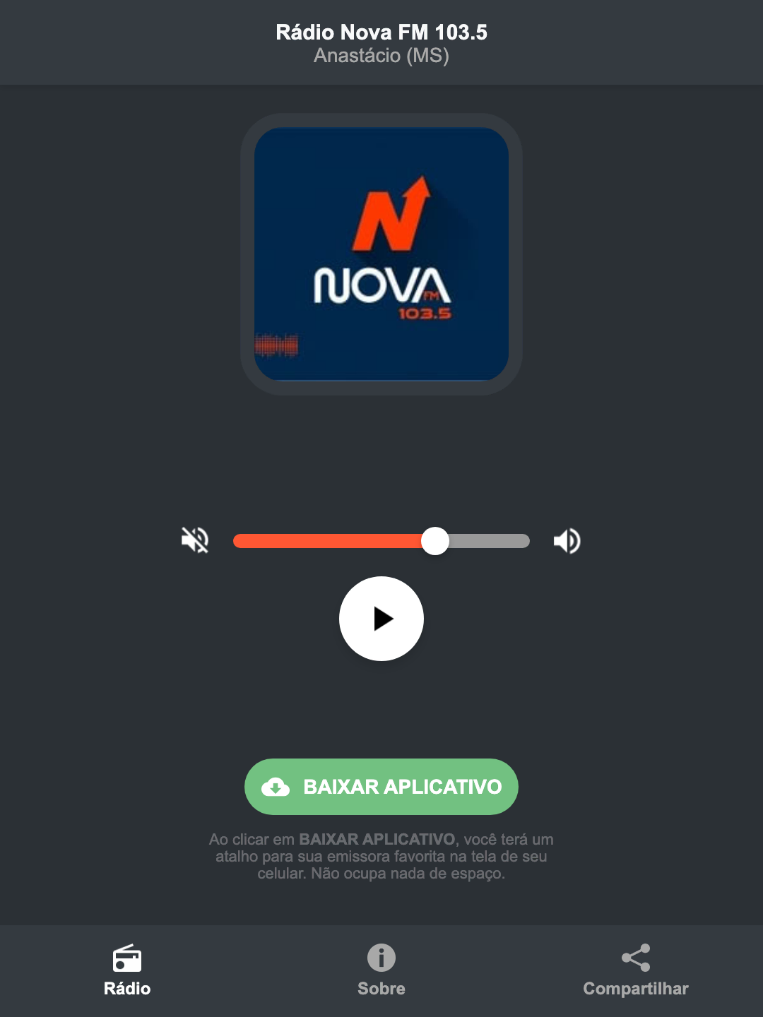 Screenshot do aplicativo da Rádio Nova FM 103.5