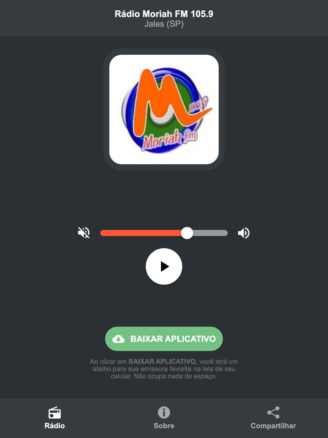 Screenshot do aplicativo da Rádio Moriah FM 105.9