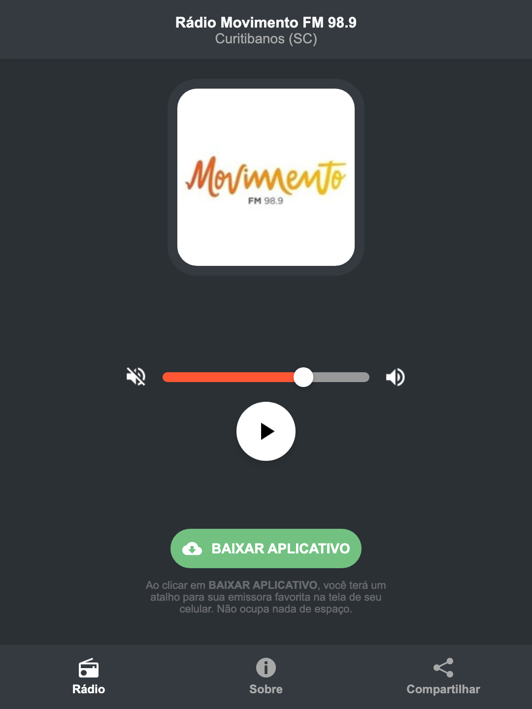Screenshot do aplicativo da Rádio Movimento FM 98.9