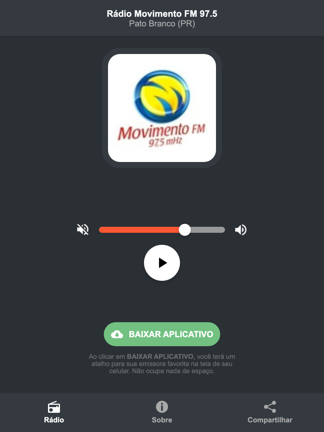Screenshot do aplicativo da Rádio Movimento FM 97.5