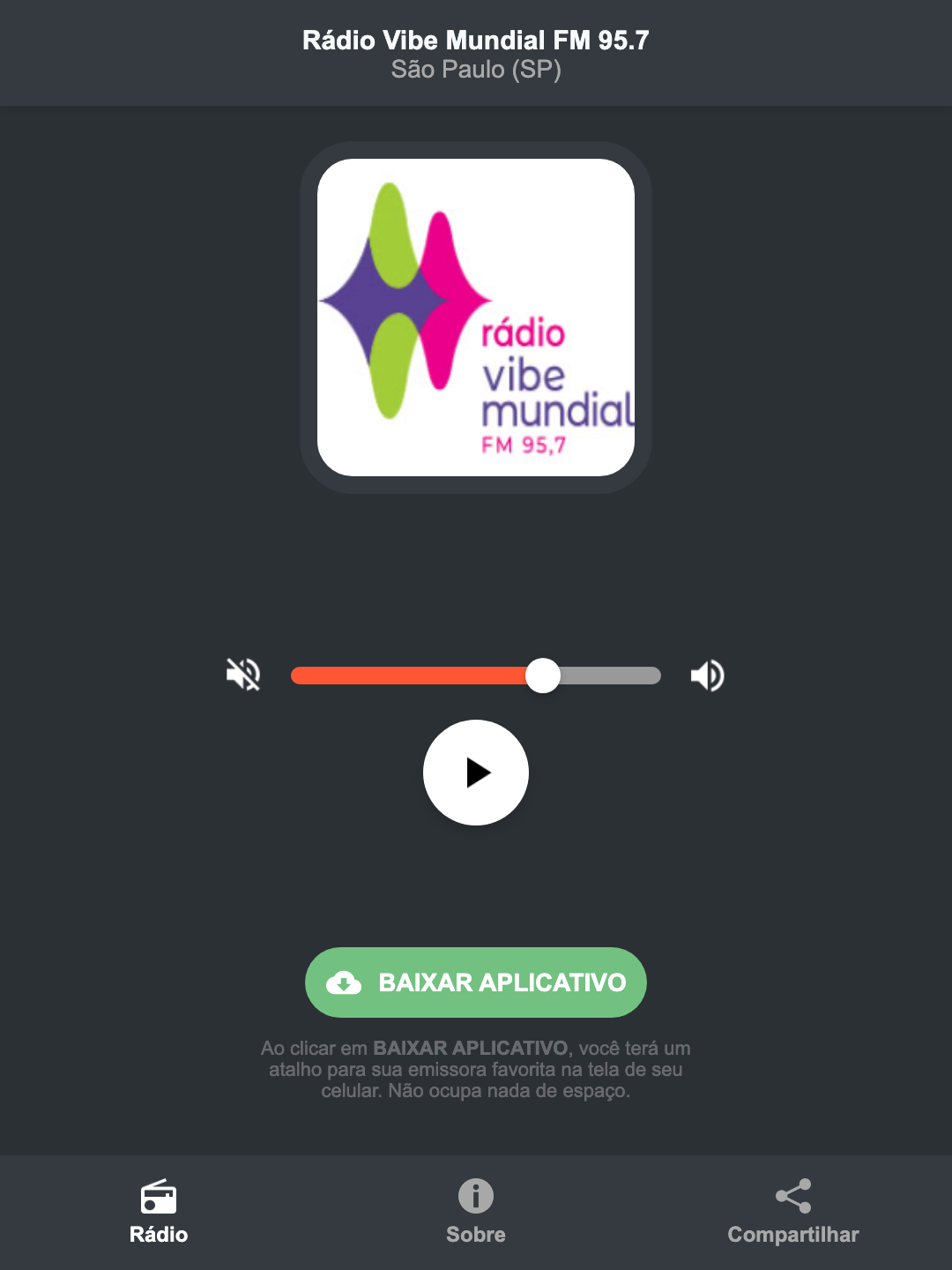 Screenshot do aplicativo da Rádio Vibe Mundial FM 95.7