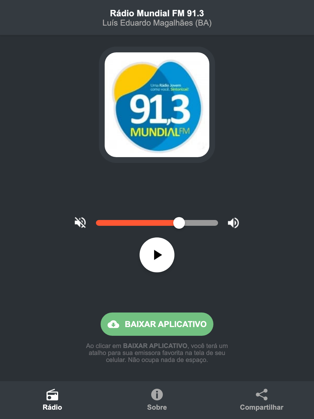 Screenshot do aplicativo da Rádio Mundial FM 91.3