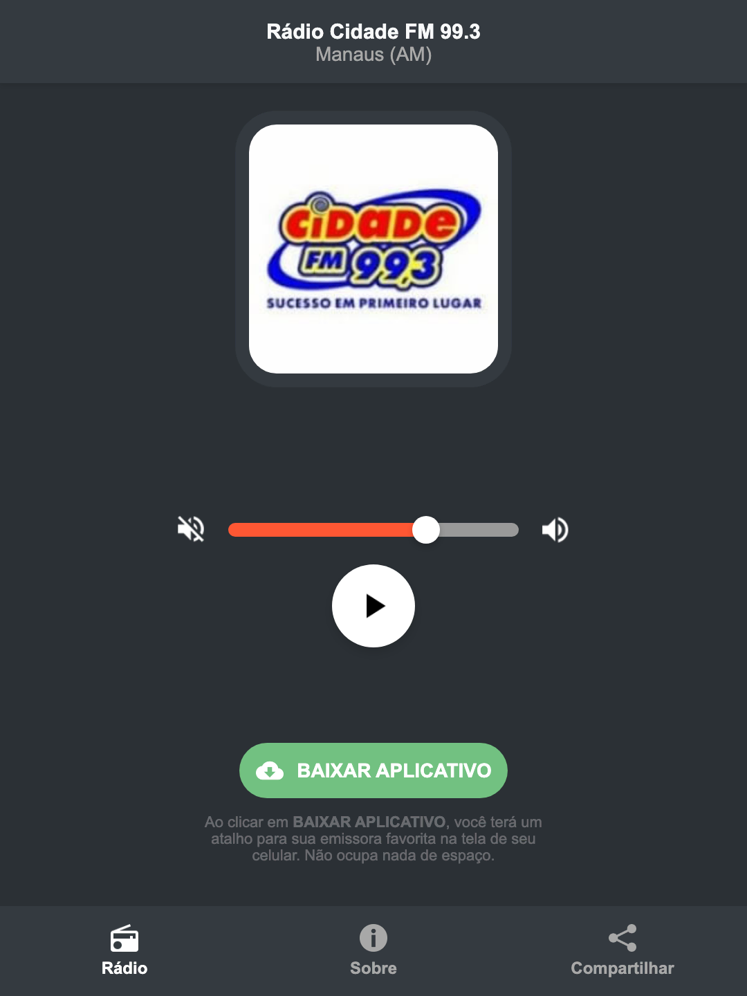 Screenshot do aplicativo da Rádio Cidade FM 99.3