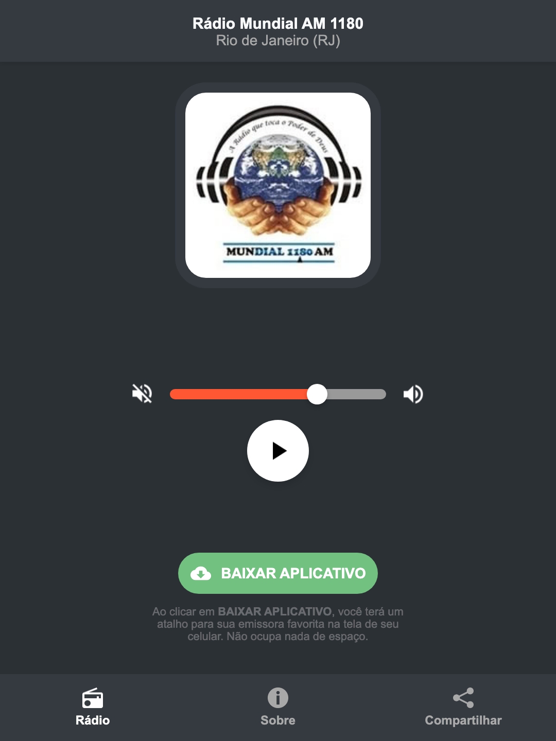 Screenshot do aplicativo da Rádio Mundial AM 1180