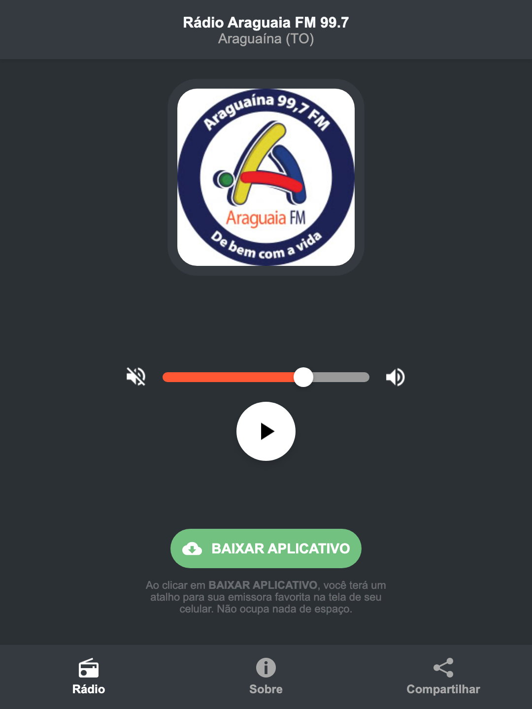 Screenshot do aplicativo da Rádio Araguaia FM 99.7