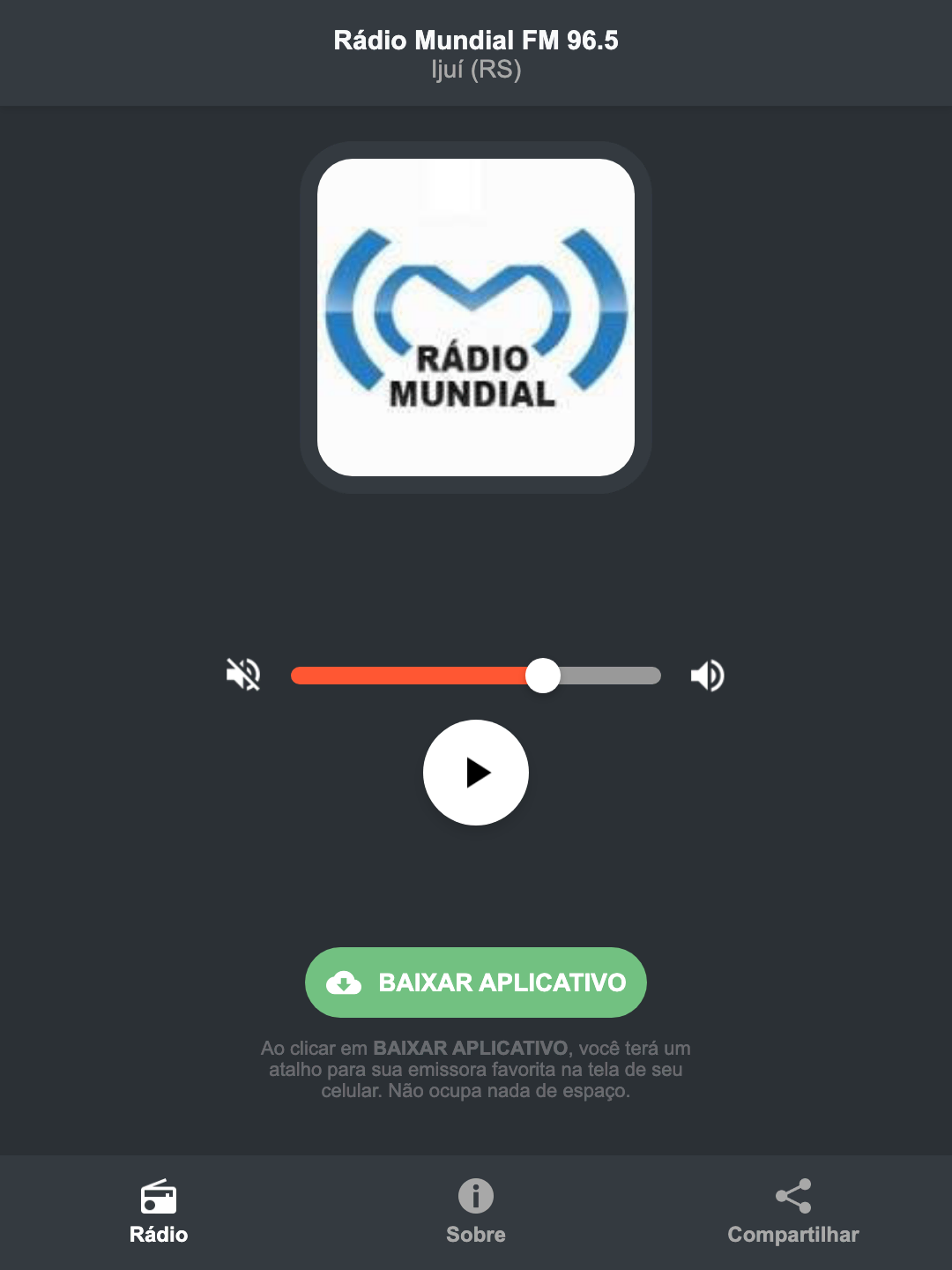 Screenshot do aplicativo da Rádio Mundial FM 96.5