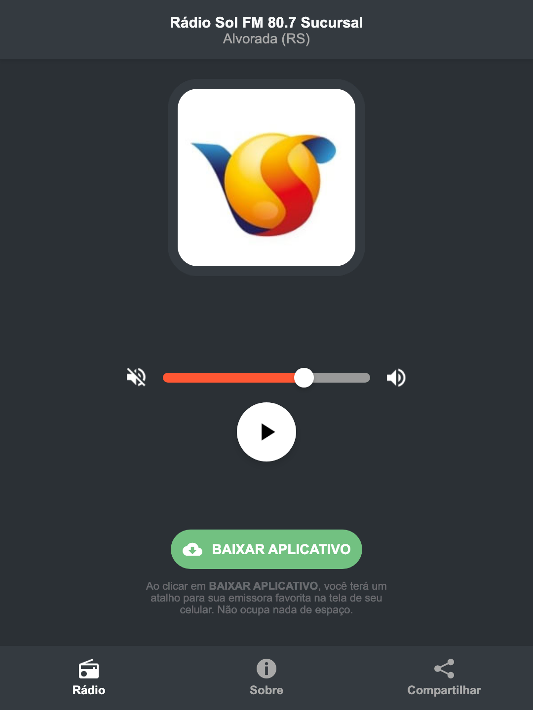 Screenshot do aplicativo da Rádio Sol FM 80.7 Sucursal
