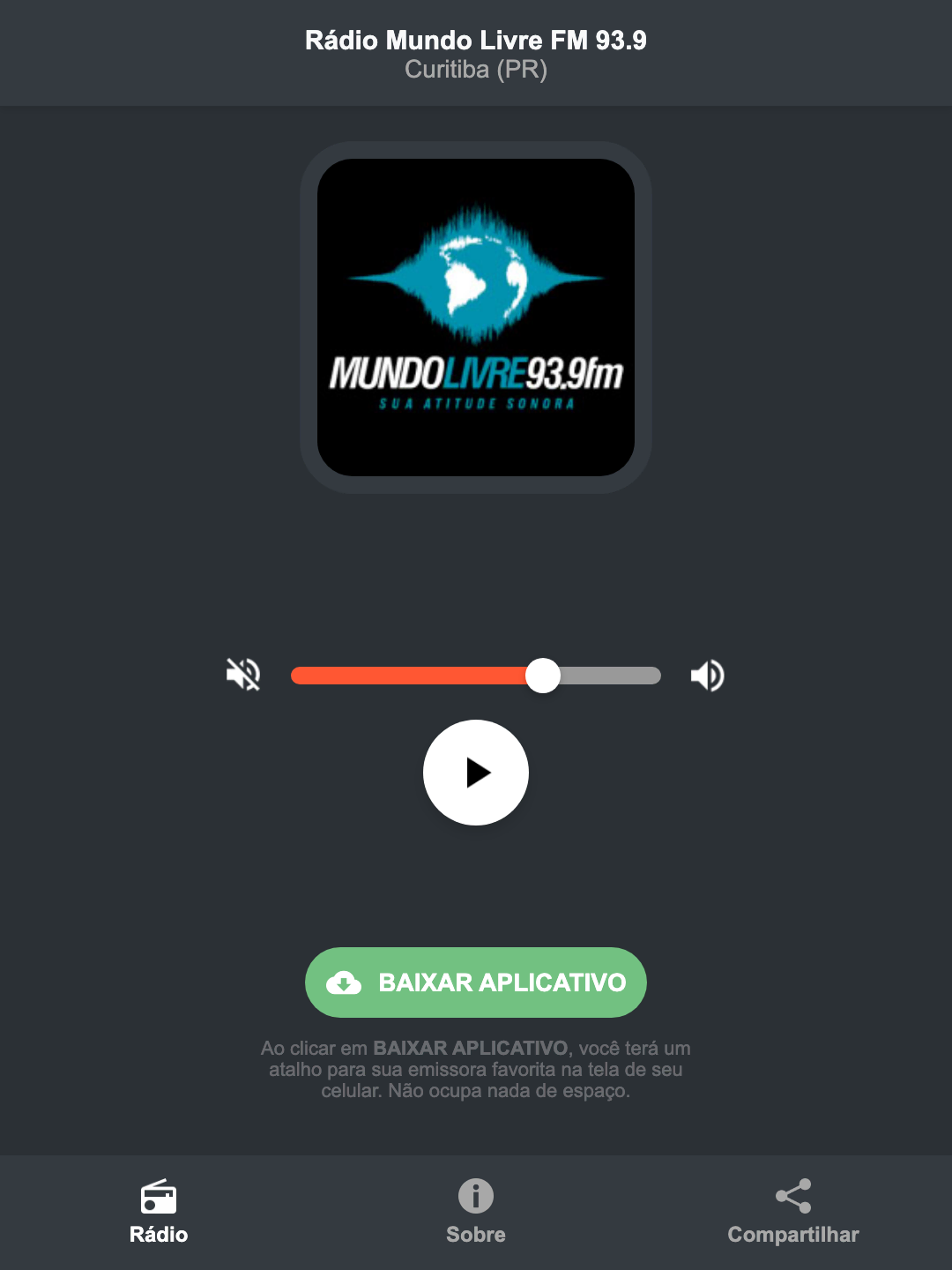 Screenshot do aplicativo da Rádio Mundo Livre FM 93.9