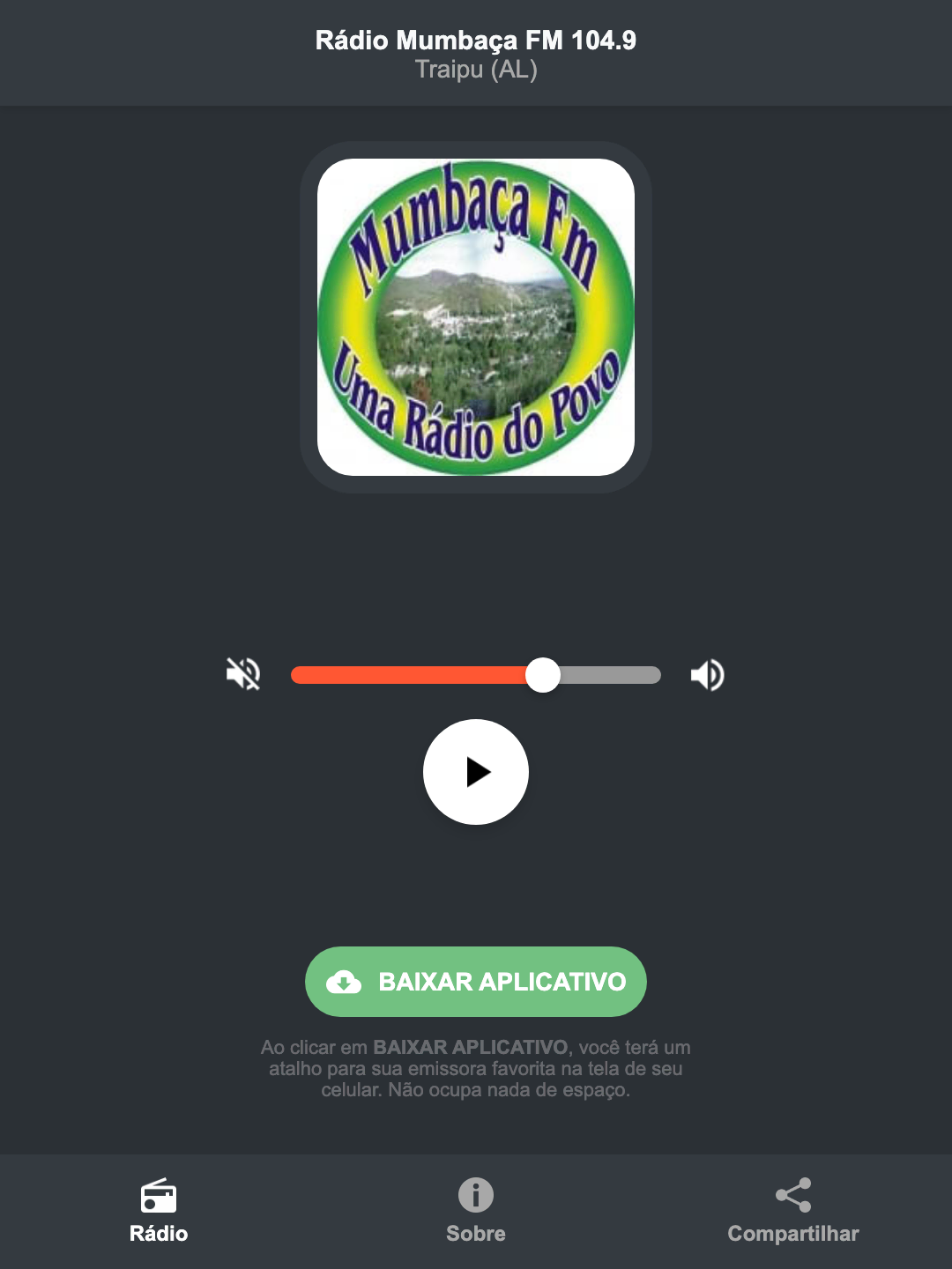 Screenshot do aplicativo da Rádio Mumbaça FM 104.9
