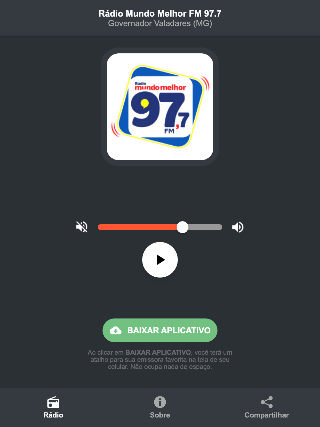 Screenshot do aplicativo da Rádio Mundo Melhor FM 97.7