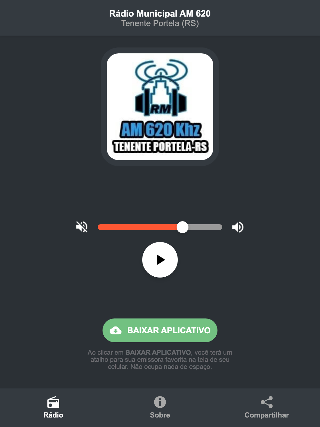 Screenshot do aplicativo da Rádio Municipal AM 620