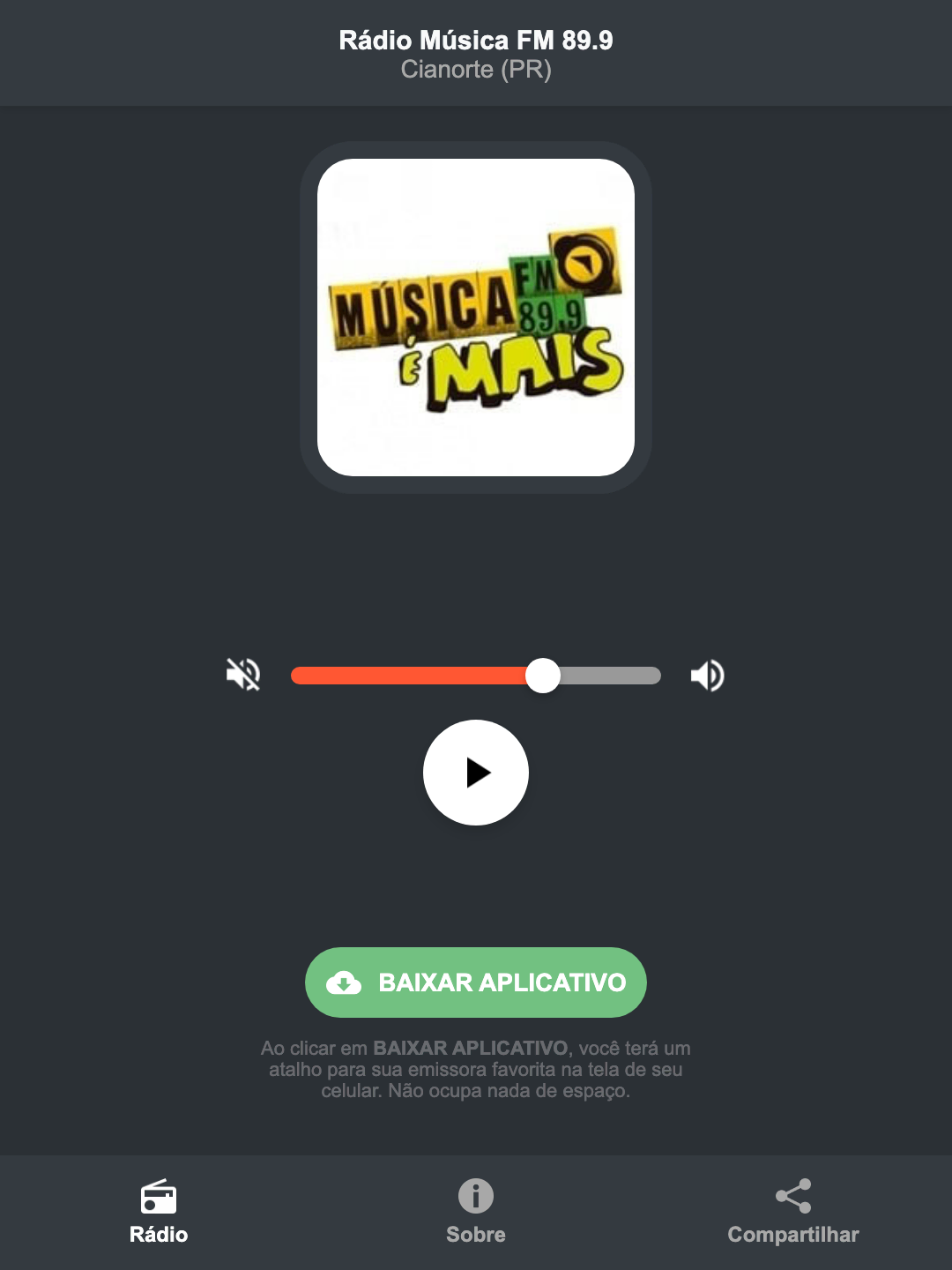 Screenshot do aplicativo da Rádio Música FM 89.9