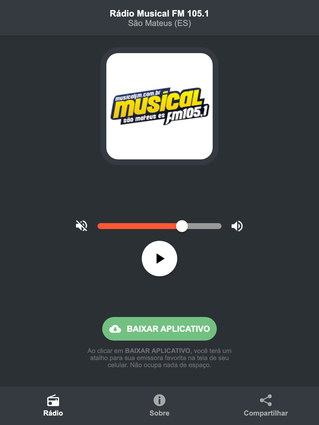 Screenshot do aplicativo da Rádio Musical FM 105.1