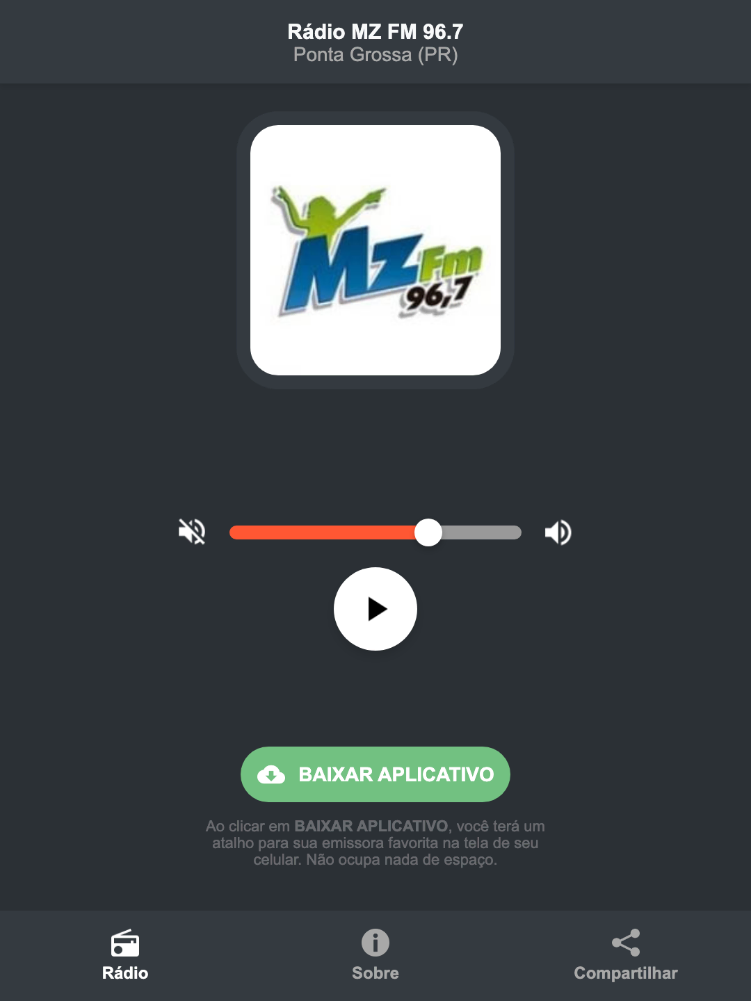 Screenshot do aplicativo da Rádio MZ FM 96.7