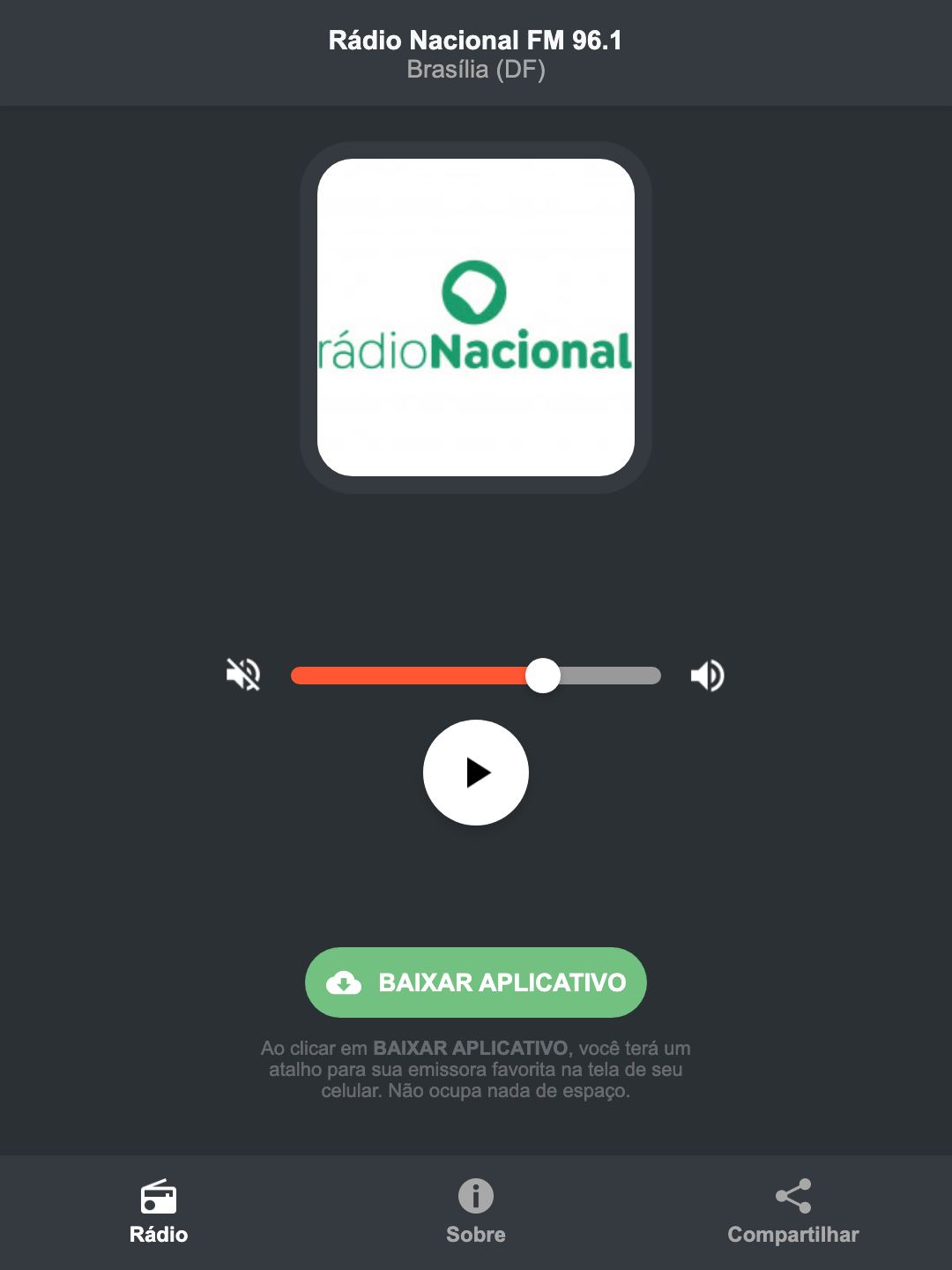 Screenshot do aplicativo da Rádio Nacional FM 96.1
