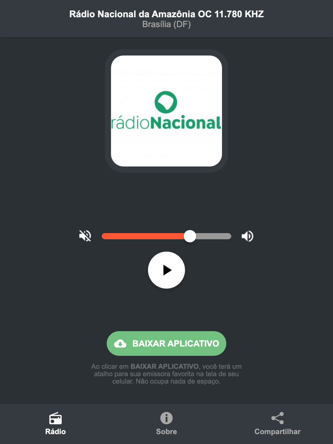 Screenshot do aplicativo da Rádio Nacional da Amazônia OC 11.780 KHZ