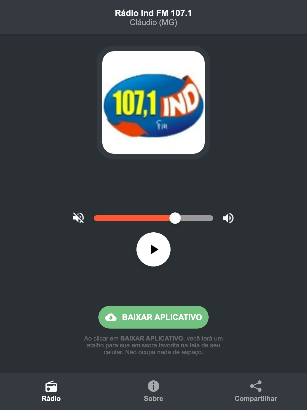 Screenshot do aplicativo da Rádio Ind FM 107.1