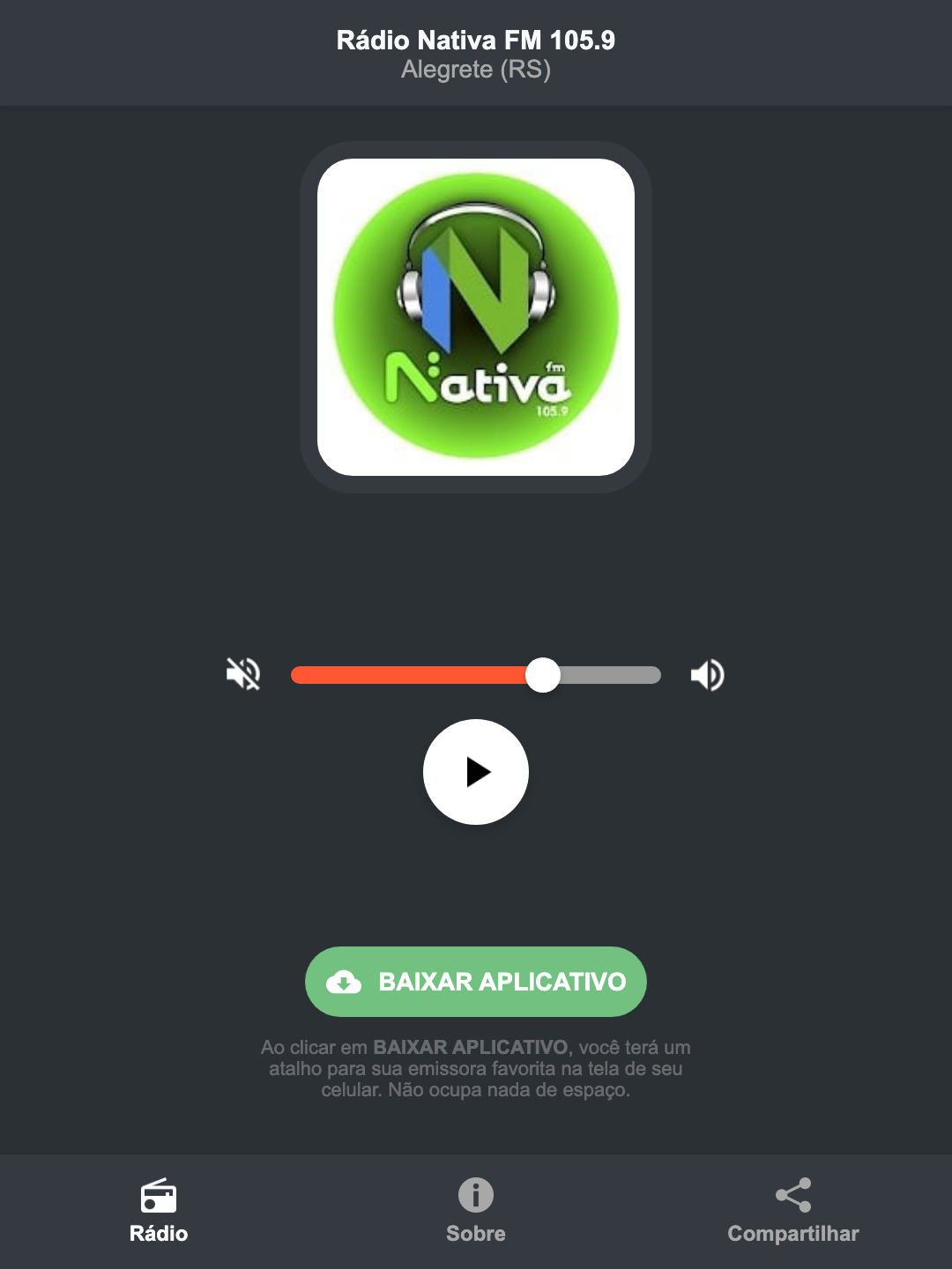 Screenshot do aplicativo da Rádio Nativa FM 105.9
