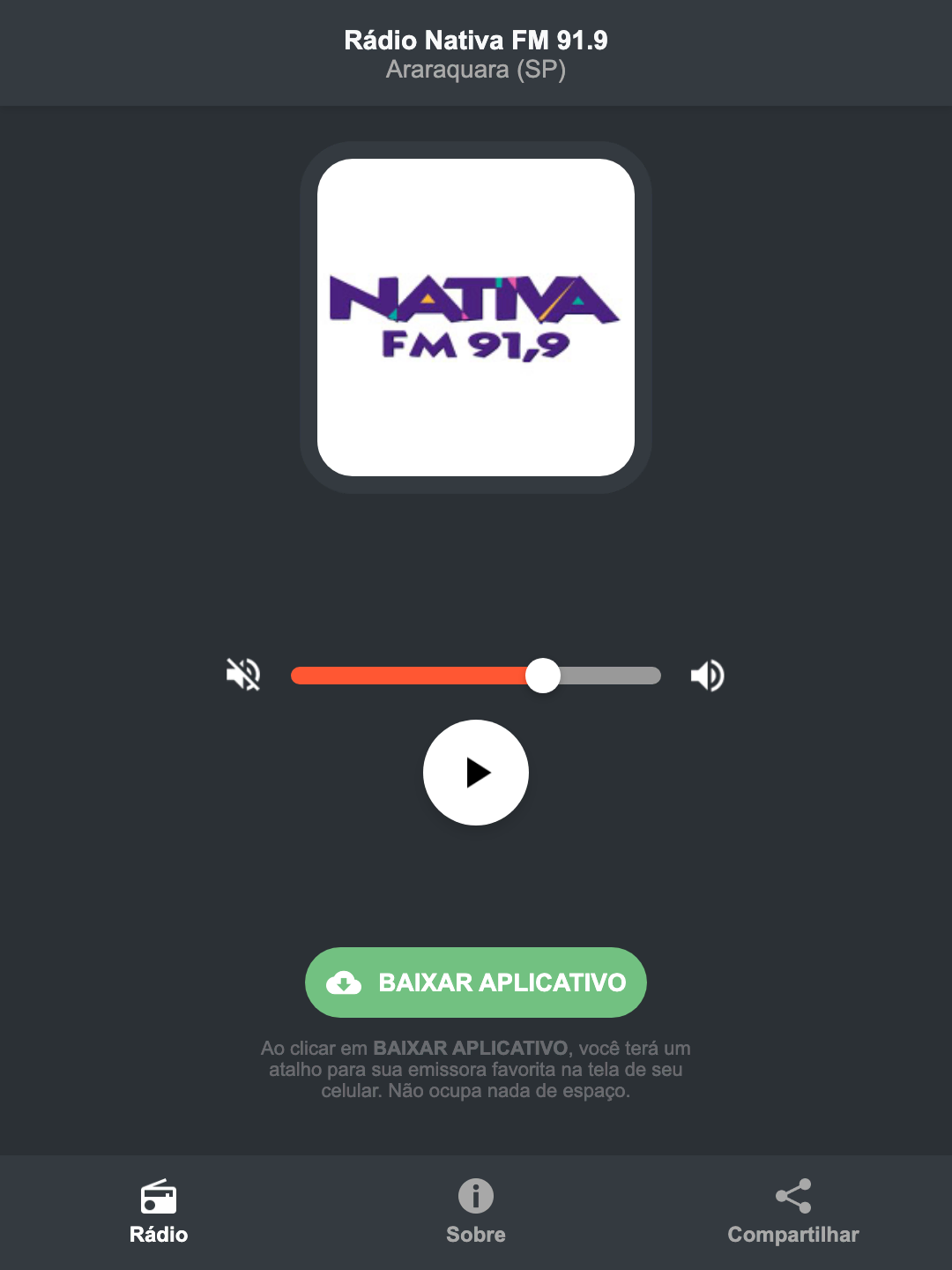Screenshot do aplicativo da Rádio Nativa FM 91.9