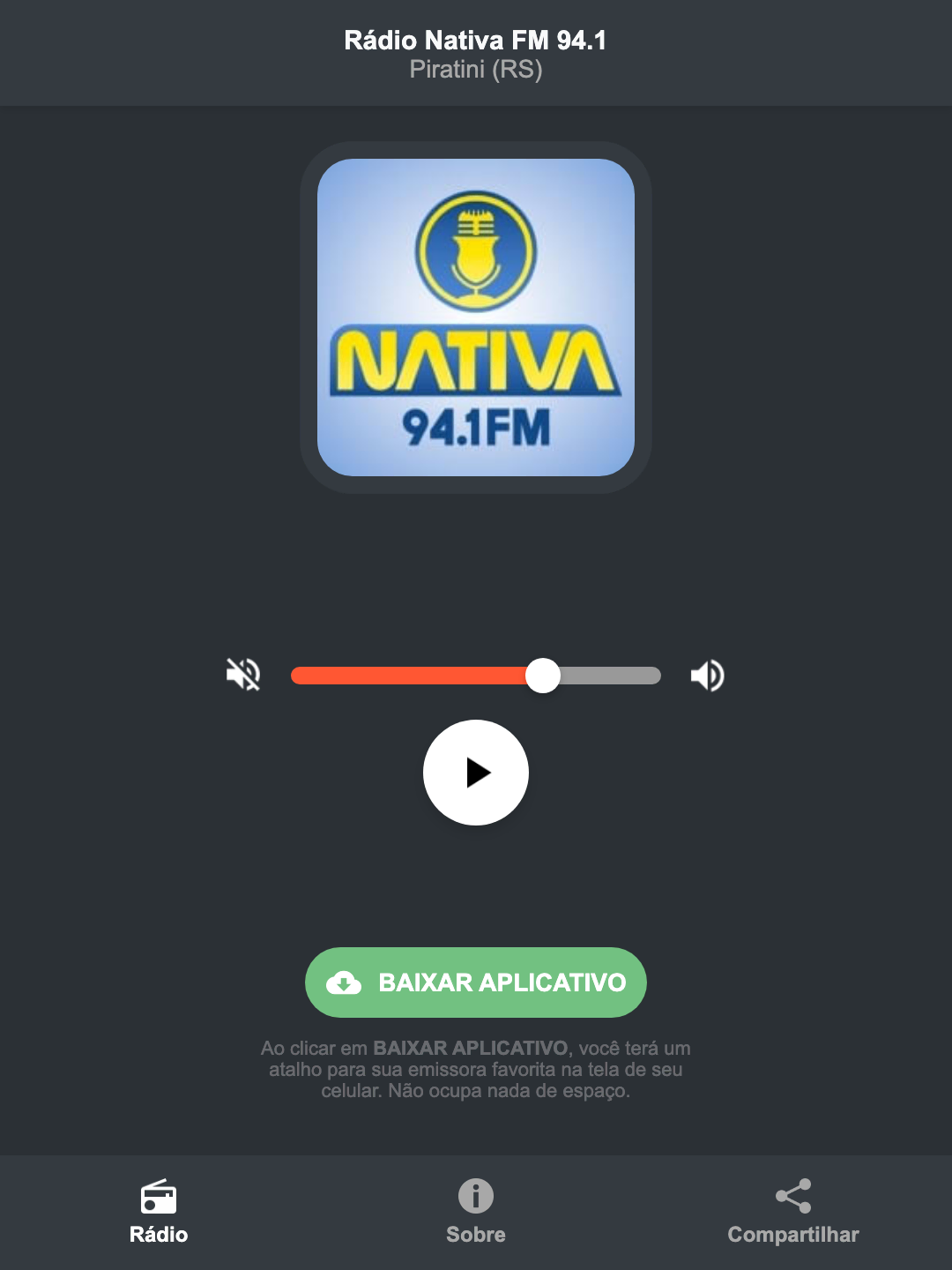 Screenshot do aplicativo da Rádio Nativa FM 94.1