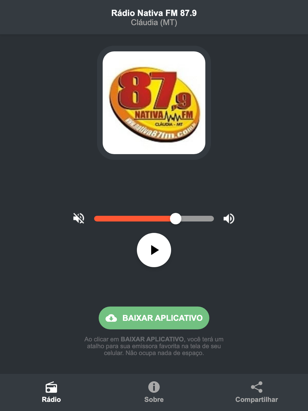 Screenshot do aplicativo da Rádio Nativa FM 87.9