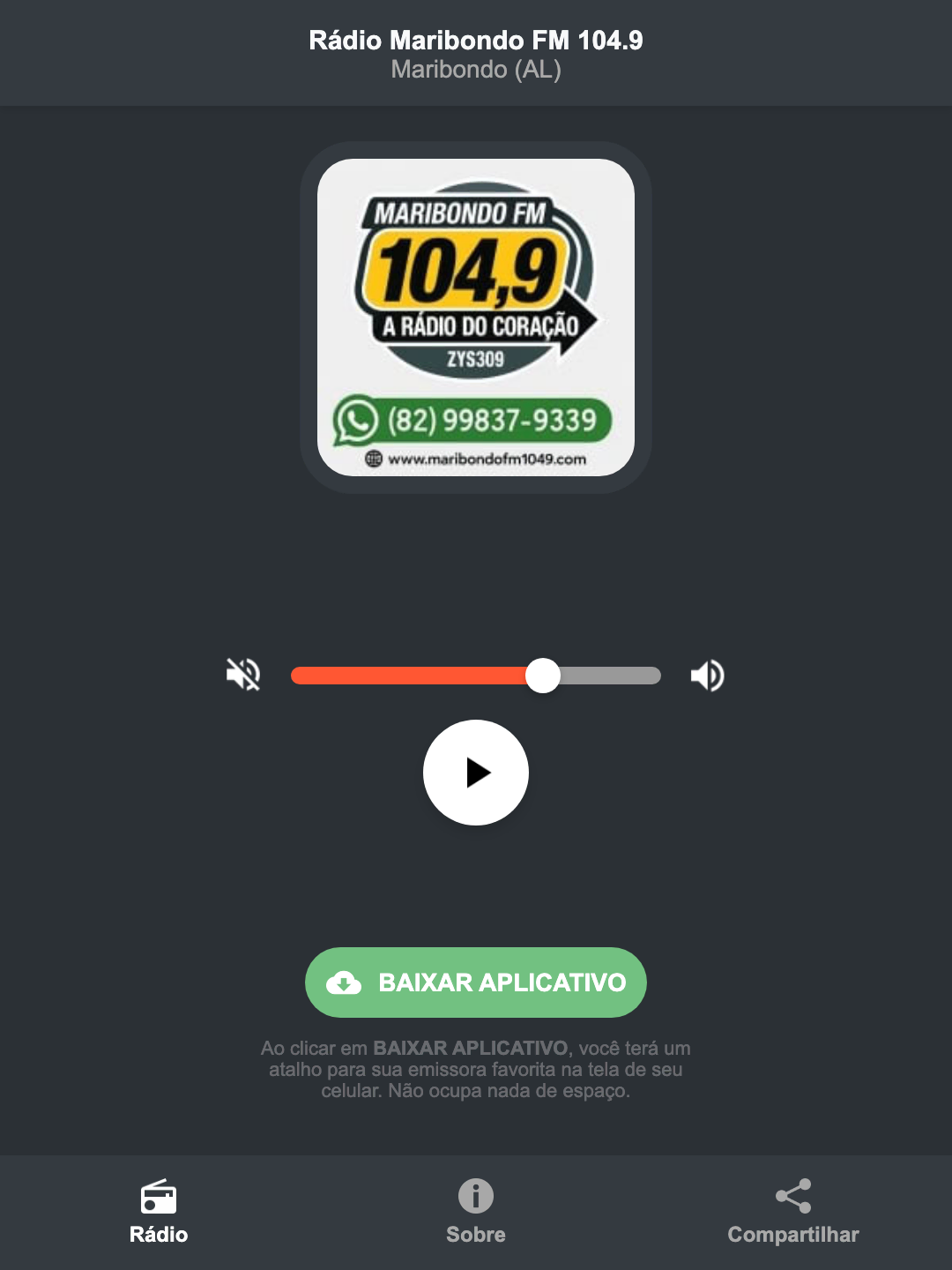 Screenshot do aplicativo da Rádio Maribondo FM 104.9