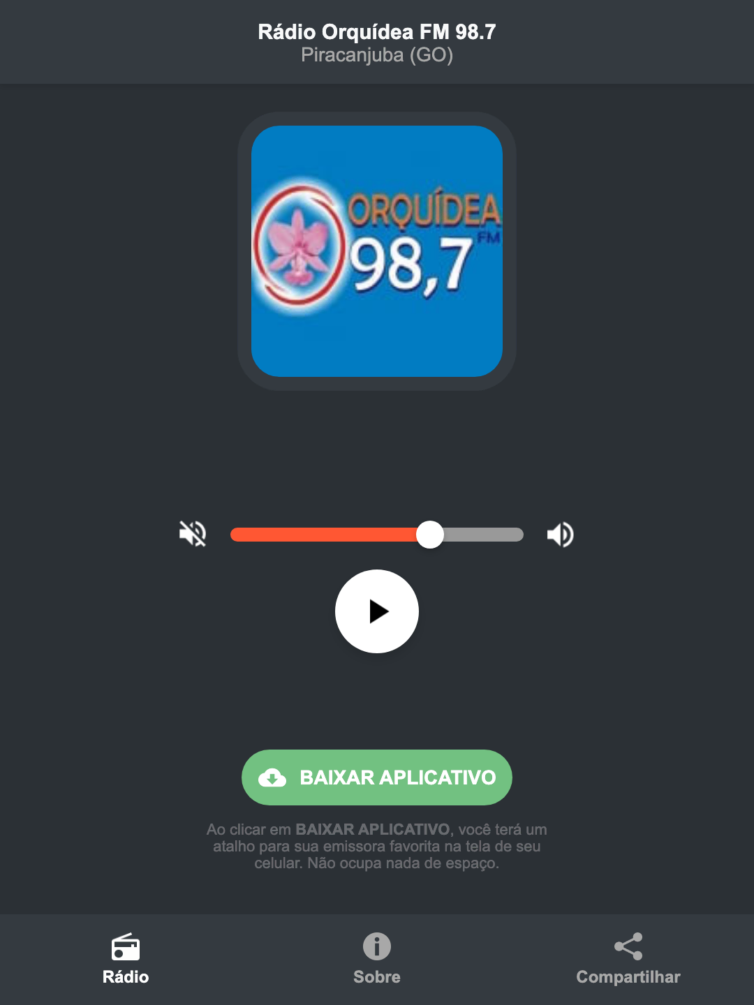 Screenshot do aplicativo da Rádio Orquídea FM 98.7