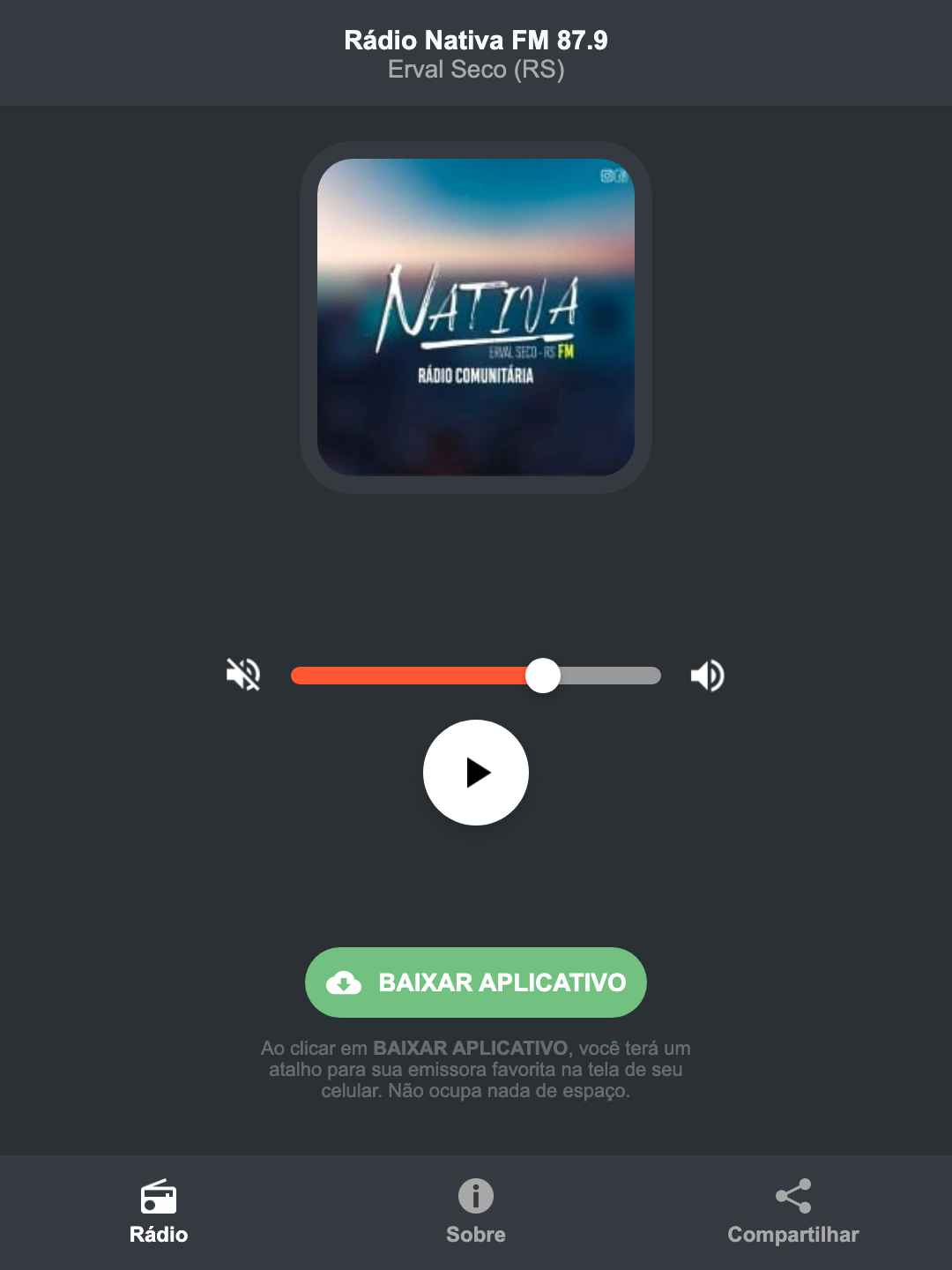 Screenshot do aplicativo da Rádio Nativa FM 87.9